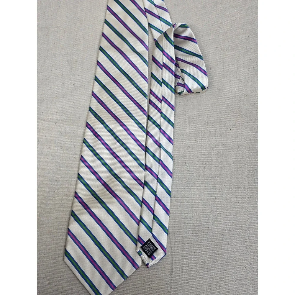 Rooster‎ Mens Silk Necktie White Blue Green Pink Striped Classic Tie
